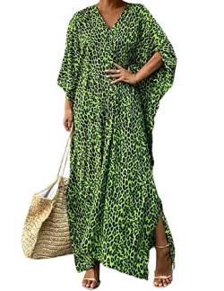 Bsubseach Leopard Print Strand Kaftan Kleid für Damen Caftan Haus Kleid Strandponcho für Bademode Grün von Bsubseach