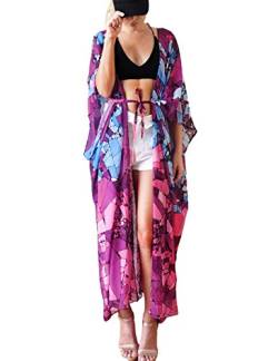 Bsubseach Lila Print Badeanzug Kimono Cardigan mit Gürtel Kurzarm Offene Front Chiffon Bikini Cover Up von Bsubseach