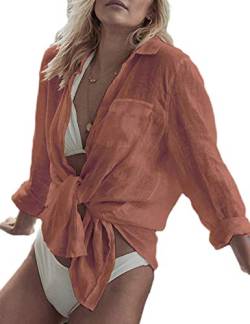 Bsubseach Long Sleeve Beach Shirt Blusen Damen Turn Down Kragen Bikini Strandponcho Bademode Rust Red von Bsubseach