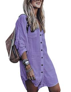 Bsubseach Long Sleeve Strandkleid for Damen Loose Button Down Bademode Beach Shirt Tunika Kleid Lila von Bsubseach