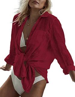 Bsubseach Long Sleeve Swim Cover Up for Damen Button Down Beach Shirt Blusen Bikini Coverup Bademode Rot von Bsubseach