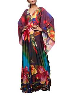 Bsubseach Plus Size Caftan Kleider für Damen Strandkleid Fledermaus Ärmel Sommer Maxi Kaftan Kleid Bunte Blumen von Bsubseach