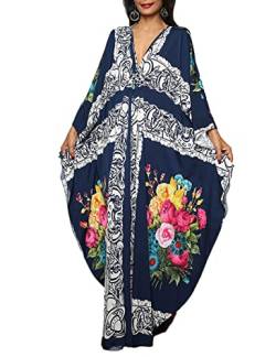 Bsubseach Plus Size Caftan Kleider für Damen Strandkleid Fledermaus Ärmel Sommer Maxi Kaftan Kleid Navy Floral Print von Bsubseach