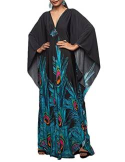 Bsubseach Plus Size Caftan Kleider für Damen Strandkleid Fledermaus Ärmel Sommer Maxi Kaftan Kleid Pfau Print von Bsubseach