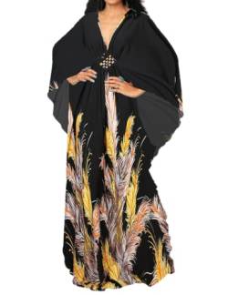 Bsubseach Plus Size Caftan Kleider für Damen Strandkleid Fledermaus Ärmel Sommer Maxi Kaftan Kleid Schwarz Feder von Bsubseach