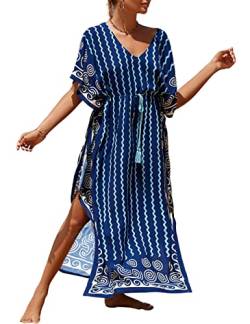 Bsubseach Plus Size Kaftane für Frauen Lange Kaftan Kleider Badeanzug Cover Up mit Taille Drawstring Wavy Stripes von Bsubseach