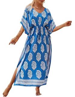 Bsubseach Plus Size Kaftane für Frauen Lange Kaftankleider Badeanzug Cover Up mit Taille Kordelzug Blau von Bsubseach