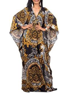 Bsubseach Plus Size Kaftankleider für Frauen Badeanzug Cover Up Batwing Sleeve Sommer Maxi Kaftan Kleid Schwarz Gelb von Bsubseach