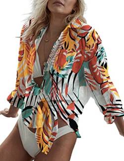 Bsubseach Print Button Down Strand Shirt Blusen Badeanzug Cover Ups für Frauen Strand Coverup Gelb Rot Blätter von Bsubseach