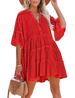 Bsubseach Schwimmen Cover Up für Frauen Button Down Kleid Solide Farbe Badeanzug Cover Ups Casual Sommerkleider Rot von Bsubseach