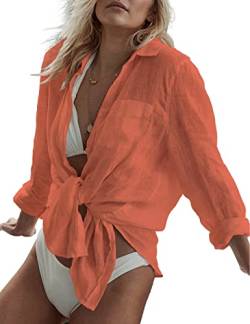 Bsubseach Schwimmen Cover Up für Frauen Button Down Strand Shirt Blusen Badeanzug Coverup Bademode Orange von Bsubseach