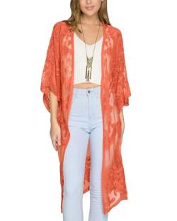 Bsubseach Sexy Open Front Lace Cover Up für Bademode Frauen Bestickt Mesh Strand Kimono Strickjacke Orange von Bsubseach