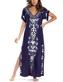 Bsubseach V-Ausschnitt Kurzarm Strand Langes Kleid Strandkleid für Damen Bademode Türkisch Kaftan Caftan Navy von Bsubseach