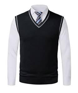 Btmpmcs Herren Klassisch Gestrickt Ärmellos V-Ausschnitt Tank Top Wollmischung Pullover Weste Slim Fit Strickwaren Gilets Business Gentleman Slipover Weste Golf Pullover, Schwarz , Large von Btmpmcs