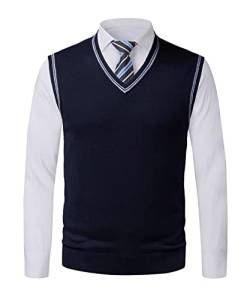 Btmpmcs Herren Klassisch Gestrickt Ärmellos V-Ausschnitt Tank Top Wollmischung Pullover Weste Slim Fit Strickwaren Gilets Business Gentleman Slipover Weste Golf Pullover, marineblau, Large von Btmpmcs