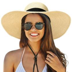 Strandhüte für Damen, Faltbare Sonnenhüte für Frauen mit UV-Schutz, Floppy Strohhut für Frauen, Boho breitkrempige Hüte für Frauen, modische Sommerhüte für Frauen Reisen Wandern Gartenarbeit (Khaki) von Buauty