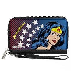 Buckle-Down DC Comics Geldbörse Reißverschluss Wonder Woman Stars Face Halbton Blues Rot Gelb Weiß Veganes Leder, 7.5"x4.5", Casual von Buckle-Down