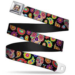 Buckle-Down Unisex-Erwachsene Sugar Skull Starburst Sicherheitsgurt mit Totenkopf-Motiv, Schwarz/Mehrfarbig Gürtel, 1.5" Wide-24-38 Inches in Length von Buckle-Down