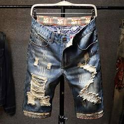 Jeans Pantalon Herren Vintage Ripped Jeans Kurze Streetwear Hip Hop Männlich Casual Holes Straight Denim Shorts Plus Size 32 Blau von Budalababu