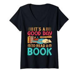 Damen Es ist ein guter Tag, um ein Buch zu lesen Retro Groovy T-Shirt mit V-Ausschnitt von Budget Boutique