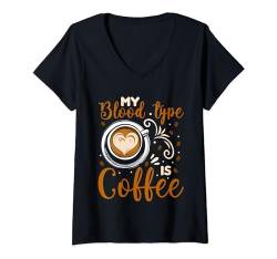 Damen Meine Blutgruppe ist Kaffee Lustiger Kaffeeliebhaber T-Shirt mit V-Ausschnitt von Budget Boutique