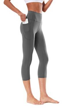 Buepeara Damen Sport Leggings mit Taschen, High Waist Sporthose Tights Laufhose Fitnesshose Yogahose -3309-02 3/4 (Grau)/XL von Buepeara