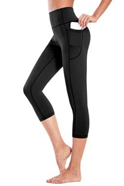 Buepeara Damen Sport Leggings mit Taschen, High Waist Sporthose Tights Laufhose Fitnesshose Yogahose -3309-03 3/4(Schwarz)/M von Buepeara