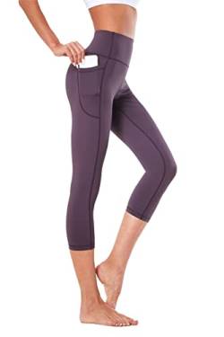 Buepeara Damen Sport Leggings mit Taschen, High Waist Sporthose Tights Laufhose Fitnesshose Yogahose -3309-65 3/4(Lila)/XL von Buepeara