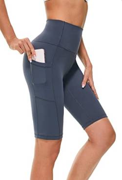 Buepeara Kurze Leggings mit Taschen, High Waist Blickdicht Damen Radlerhose Shorts für Alltag & Sport -3182-02 (Grau Blau)/L von Buepeara