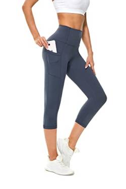 Buepeara Sport Leggings Damen Sporthose mit Taschen, High Waist Tights Laufhose Fitnesshose Für Sport & Alltag -5183-02 3/4 (Blau)/XL von Buepeara