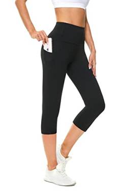 Buepeara Sport Leggings Damen Sporthose mit Taschen, High Waist Tights Laufhose Fitnesshose Für Sport & Alltag -5183-03 3/4 (Schwarz)/L von Buepeara