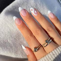 Bufenia 24 Pcs Mandel Falsche Nägel Französisch gefälschte Nägel mit Designs Stick auf Nägel Acryl Oval Presse auf Nägel für Frauen und Mädchen (Pink Tai Chi) von Bufenia