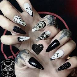 Bufenia 24 Stück Schädel Stiletto Kunstnägel,Schwarze falsche Halloween-Mandelnägel,Lange Party-Acryl-Kunst,Press on Nails Tipps für Frauen und Mädchen von Bufenia