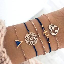 Bufenia 5er Set Boho Layered Moon Armbänder Set Herz Gold Perlen Armband Fashion Party Verstellbare Handkette für Frauen und Mädchen von Bufenia