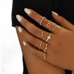 Bufenia Boho-Kristall-/Wellen-/Herz-Knöchel-Ring-Set, Gold-Fingergelenk, stapelbarer Ring für Frauen und Mädchen von Bufenia