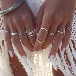 Bufenia Boho Stern/Halbmond/Welle/8 Knöchelringe Set Silber Fingergelenk stapelbarer Ring für Frauen und Mädchen von Bufenia