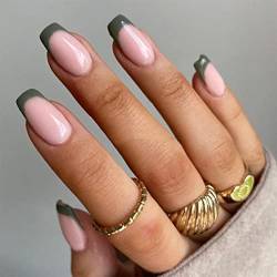 Bufenia Drücken Sie auf Nägel Kurze French Tip Nägel Oval Gefälschte Nagelspitzen Glänzende Falsche Nägel Vollständige Abdeckung Acrylnägel für Frauen und Mädchen (Dunkelgrün) von Bufenia