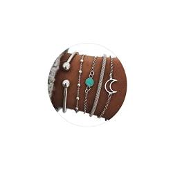Bufenia Einfaches Türkis Armband Silber geschichtet stapelbar glänzend Armreif Mond Perlen 5 Sets Hand Accessoires Schmuck verstellbar für Frauen und Mädchen von Bufenia