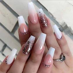 Bufenia Französischer Sarg falsche Nägel Flash Gradient Nude Pink Press on Nails Glitzer Herz Strass Ballerina Fake Nails Glänzende Acrylnägel für Frauen und Mädchen 24 Stück (Glitzer) von Bufenia