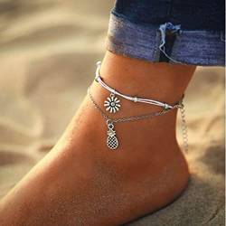 Bufenia Fußkettchen aus Leder mit Perlen, Kette, Sonnenblume, Silber, Fußkettchen, Vintage, verstellbarer Fußschmuck für Frauen und Mädchen von Bufenia