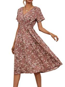 Buicare Damen Kleider V Ausschnitt Sommerkleid Kurzarm A-Linien-Kleid mit Blumenmuster Knielang Sommerkleider Swing Strandkleid Freizeitkleider (L) von Buicare