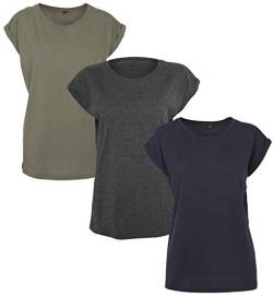Build Your Brand Damen Ladies Extended Shoulder Tee 3-Pack T-Shirt, per pack Mehrfarbig (Cha/Oli/Nvy 02278), X-Small (Herstellergröße: XS) von Build Your Brand