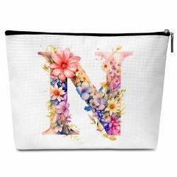 Kosmetiktasche mit Blumenmotiv und Buchstaben, Kulturbeutel, Anfangs-Make-up-Tasche, Geburtstagsgeschenk für Frauen, Mutter, Freunde, Braut, Brautjungfer, N von Buildinest