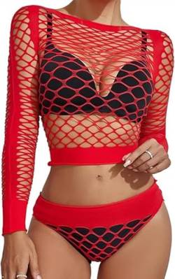 Buitifo Damen Dessous-Sets Sexy Lingerie Fischnetz Sexy Bodys Nachtwäsche(Red WG,M) von Buitifo