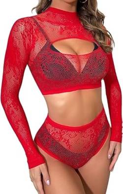 Buitifo Damen Dessous-Sets Sexy Lingerie Fischnetz Sexy Bodys Nachtwäsche(Red0090,M) von Buitifo