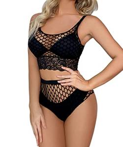 Buitifo Damen Dessous-Sets Sexy Lingerie Fischnetz Sexy Bodys Nachtwäsche (Black THB,M) von Buitifo