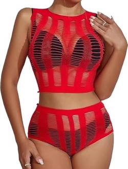 Buitifo Damen Dessous-Sets Sexy Lingerie Fischnetz Sexy Bodys Nachtwäsche (Red TST,M) von Buitifo