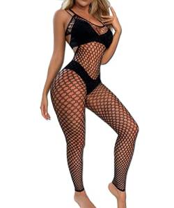 Buitifo Damen Fischernetz Bodystocking Sexy Catsuit Frau mit offenem Schritt Nachtwäsche Schwarz Hohl Reizwäsche Strumpfhose Dessous(Schwarz DD,Einheitsgröße) von Buitifo