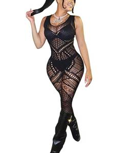 Buitifo Damen Fischernetz Bodystocking Sexy Catsuit Frau mit offenem Schritt Nachtwäsche Schwarz Hohl Reizwäsche Strumpfhose Dessous(Schwarz NXX,Einheitsgröße) von Buitifo