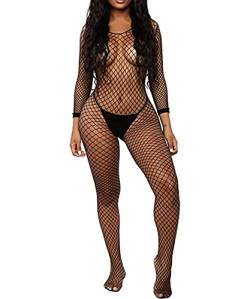 Buitifo Damen Fischernetz Bodystocking Sexy Catsuit Frau mit offenem Schritt Nachtwäsche Schwarz Hohl Reizwäsche Strumpfhose Dessous(Schwarz QW,Einheitsgröße) von Buitifo